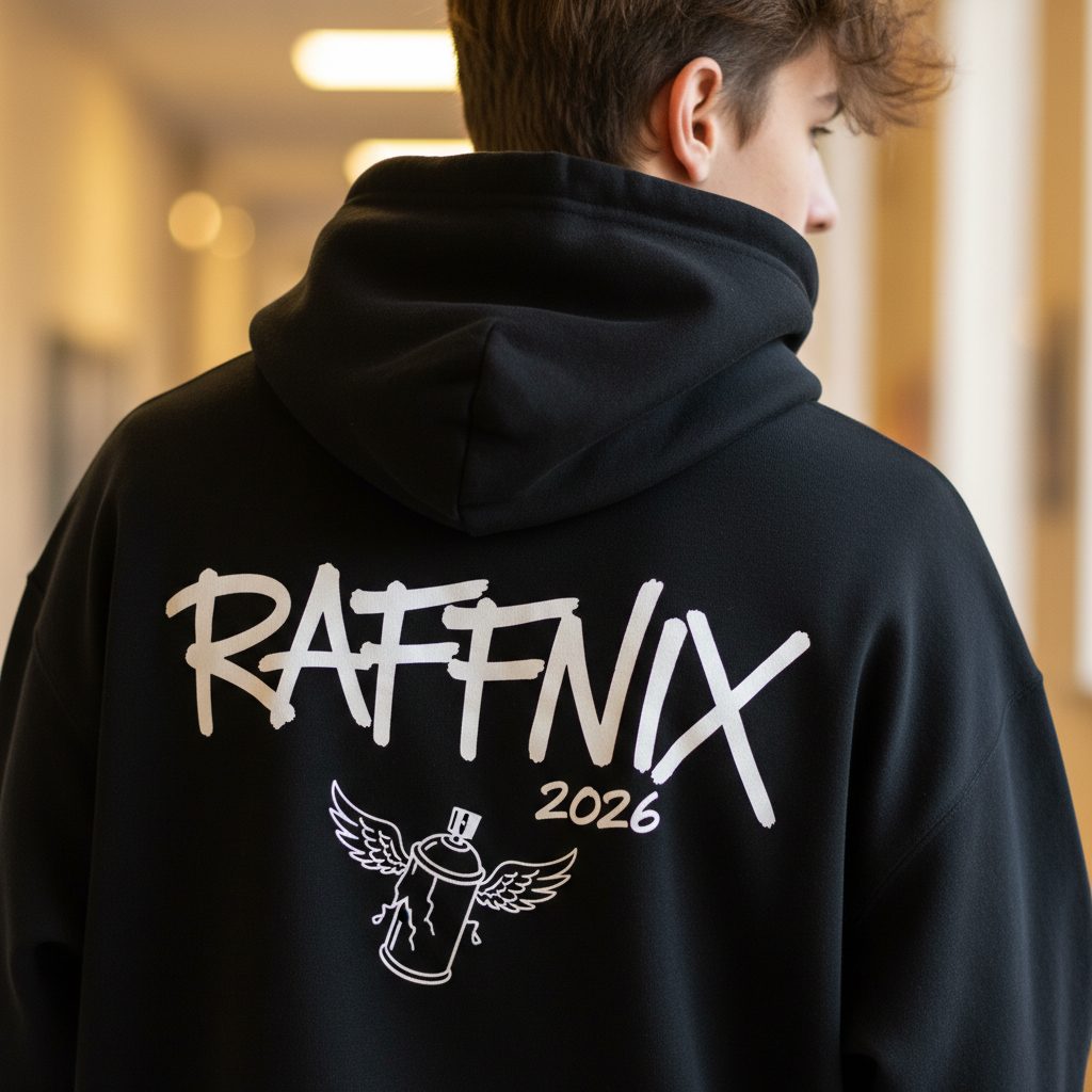 RAFFNIX 2026 Backprint auf schwarzem Hoodie – Graffiti-Design von Stoff³ Kassel